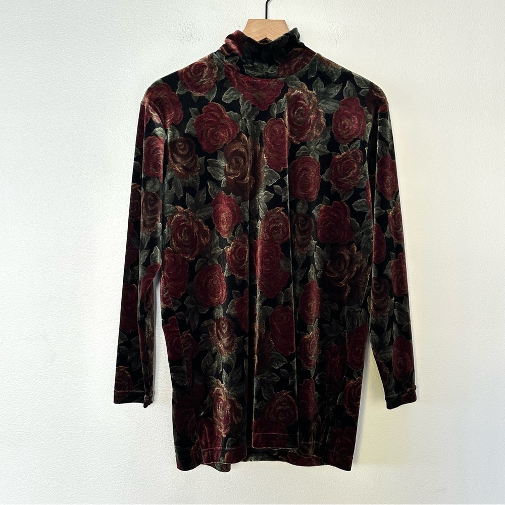 Vintage Jones NY Velvet Mock Neck Tunic Top Sz S Goth Glam Dark Academia Floral